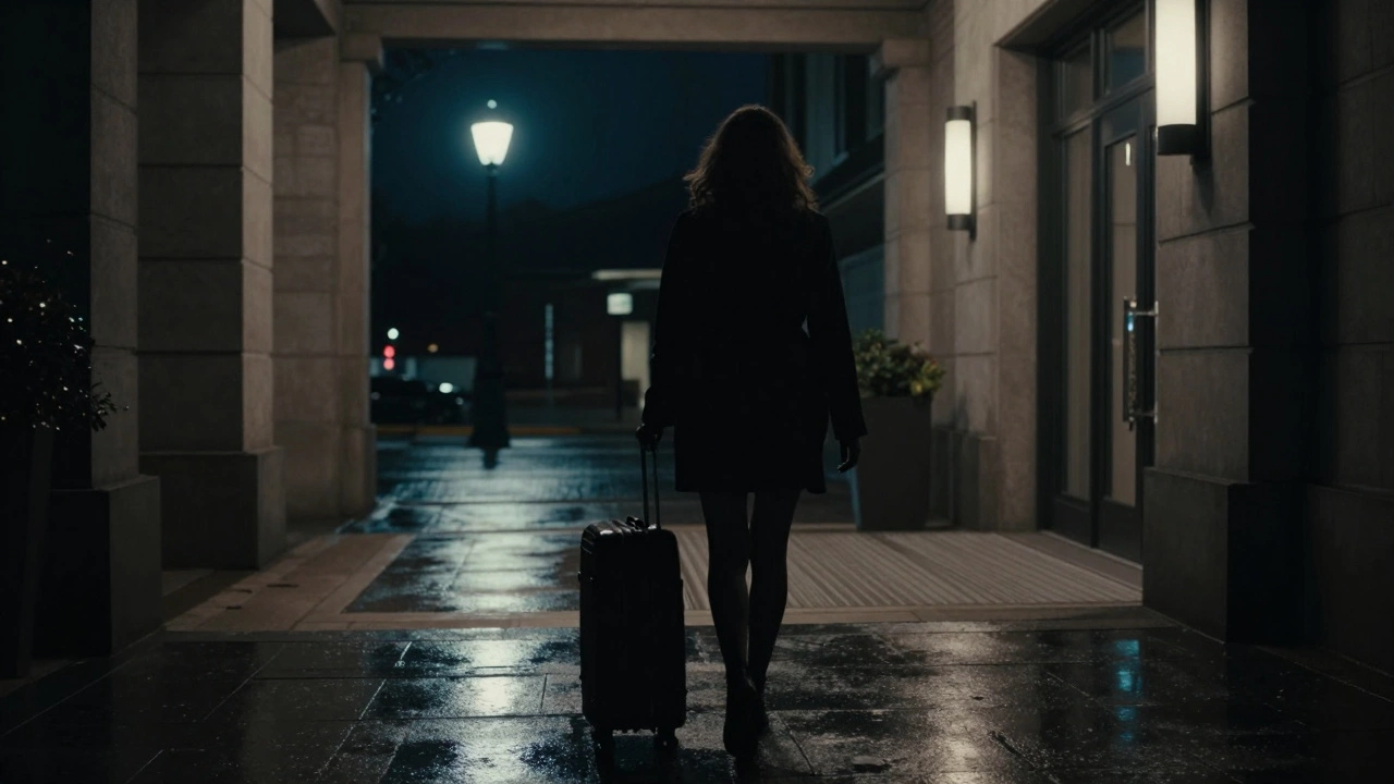 A silhouette of a woman walking away at night with a suitcase, framed by city lights, suggesting resilience and personal journey.