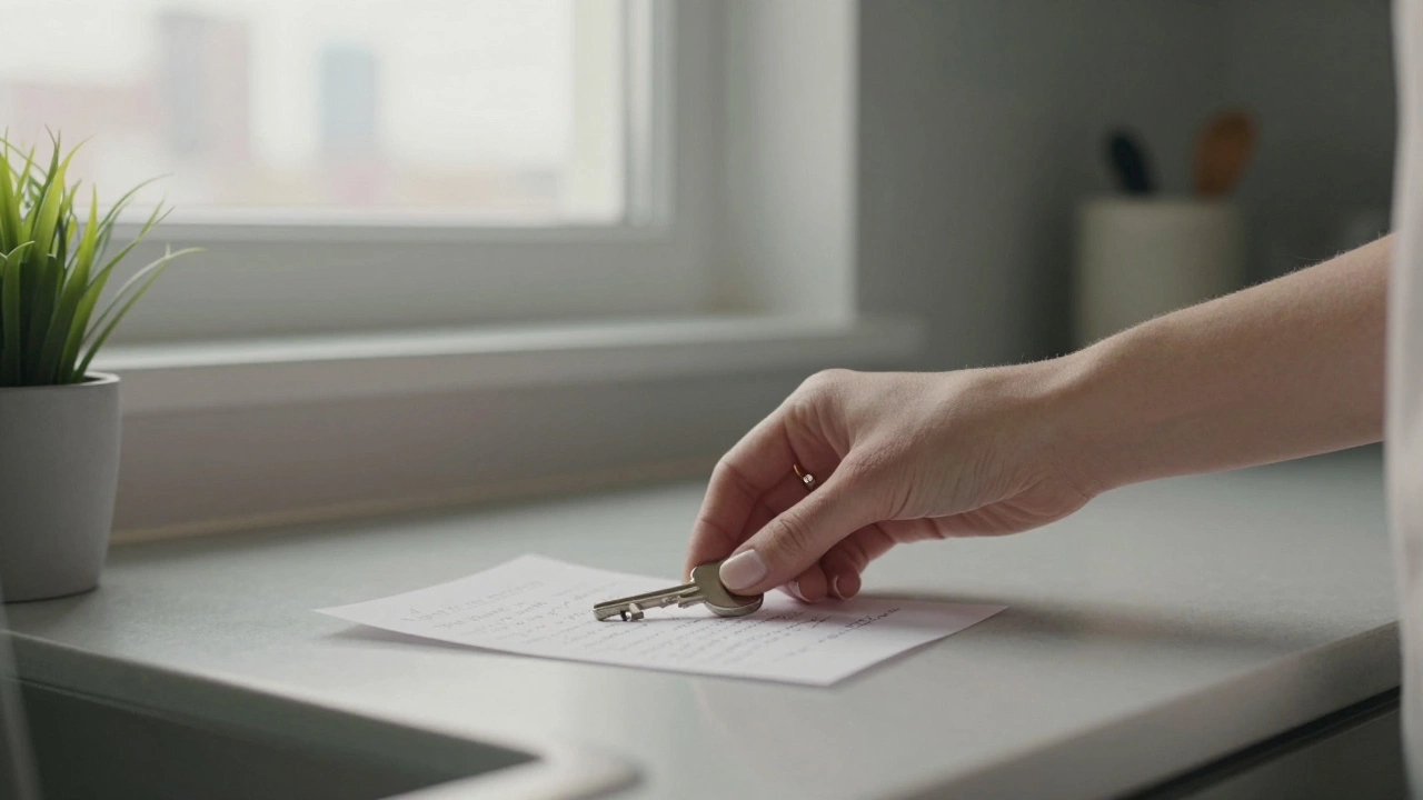 A woman&#039;s hand placing a key and note on a kitchen counter with a small plant, morning light streaming in.