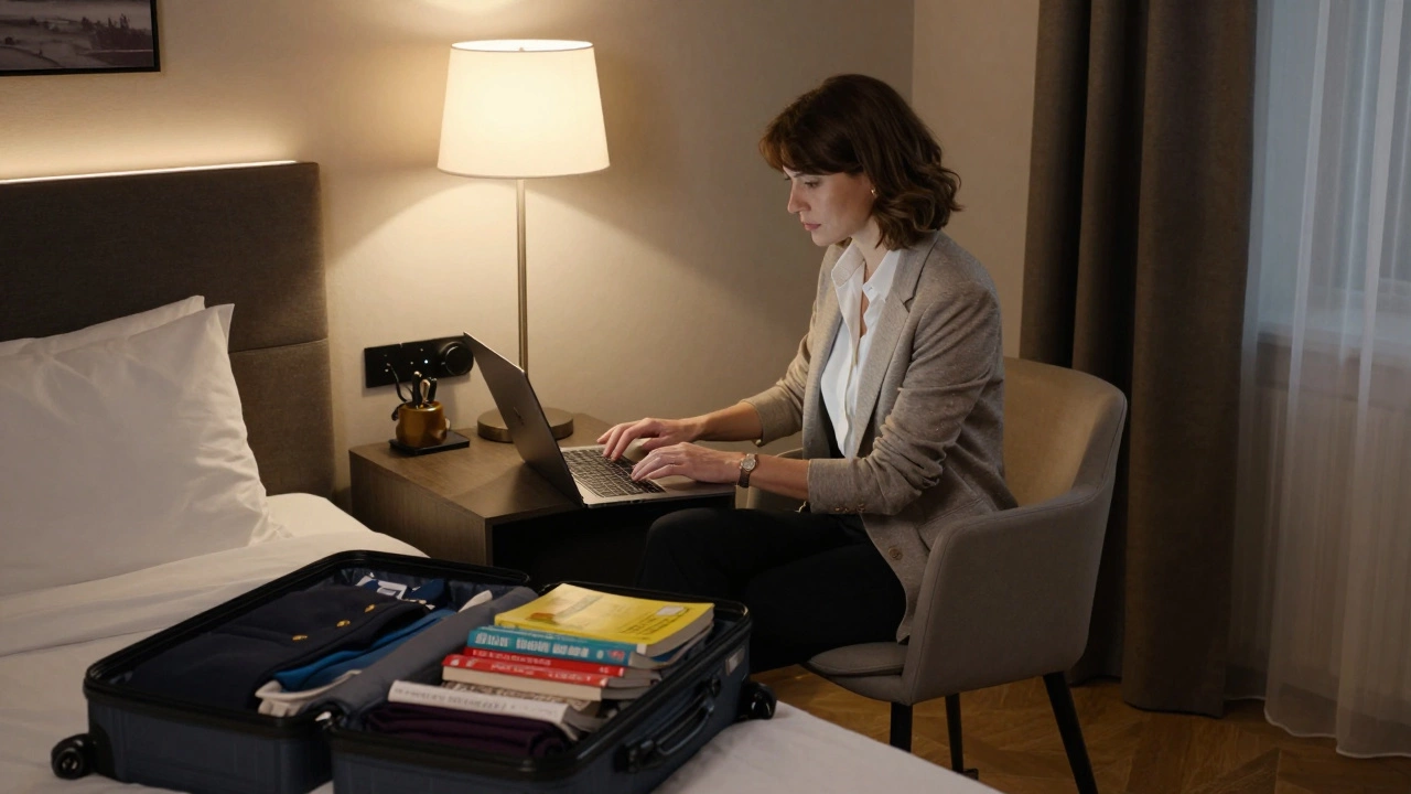 A woman working on a laptop in a hotel room, surrounded by professional clothing and books, conveying quiet strength and independence.