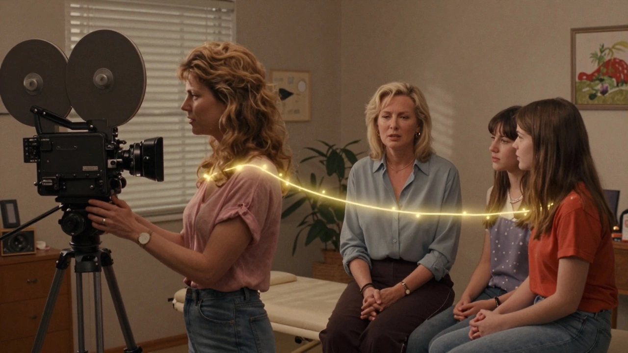 Nina Hartley depicted in two eras: 1980s film set and modern therapy session, connected by light.