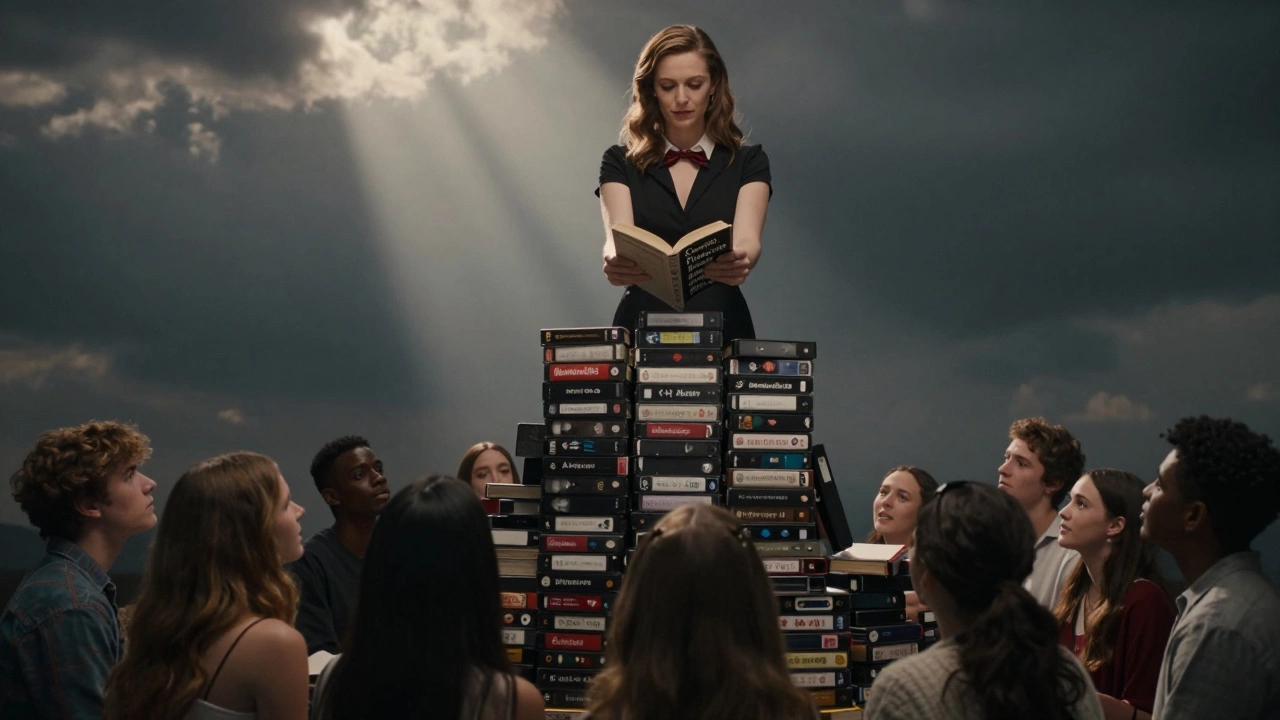 Nina Hartley placing a book of sexual education truths into the hands of young people.